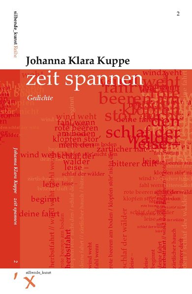 Johanna Klara Kuppe: zeit spannen. Die Titelgrafik bestehend aus dem Gedicht: Herbstfahrt, ein typografischer Herbstwald in Rotorangetönen.